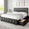 Full Size Bed Frame w LED Lights, Upholstered Bed Frame with 4 Storage Drawers,Platform Bed with Diamond Headboard and Footboard 3