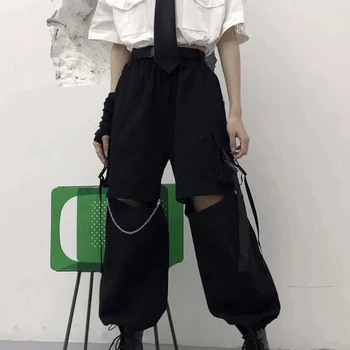 HOUZHOU 여성용 고딕 카고 팬츠, 체인 펑크 테크웨어, 블랙 오버사이즈, 한국 패션, 와이드 레그 팬츠, 2021 Alt