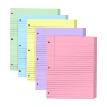 Carta a 3 fori per raccoglitori ad anelli, fogli di ricambio colorati per ufficio, pagine interne a righe orizzontali adatte per scuola e ufficio, formato 8x10.5 pollici, cinque colori