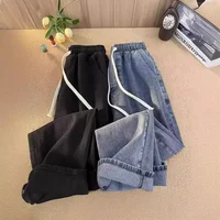 Retro Elastic Waist Jeans Men's Autumn Thin Loose Straight American High Street Nine Point Pants Casual Straight Leg Jeans