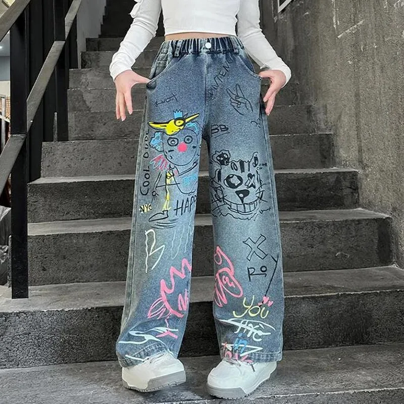 New Design Children Printed Hip Hop Jeans For Girls High Fashion