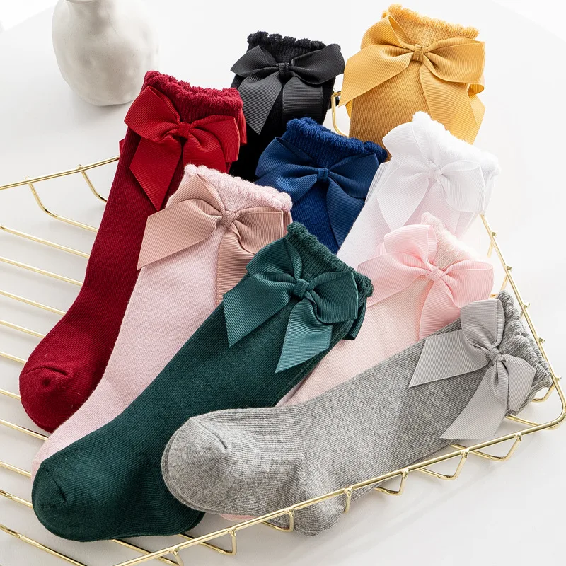 1 Pair Girls Solid Socks With Bows 100% Cotton Baby Children Sock Soft Toddlers Long Socks Kids Princess Knee High Socken 0-7yrs 5