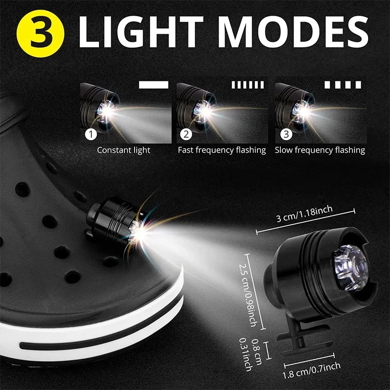 Farol LED para Crocs, Luzes para sapatos Croc, Luz da bateria, Sapatos impermeáveis, Luz noturna para caminhar, Camping, Brilho duradouro, Engraçado