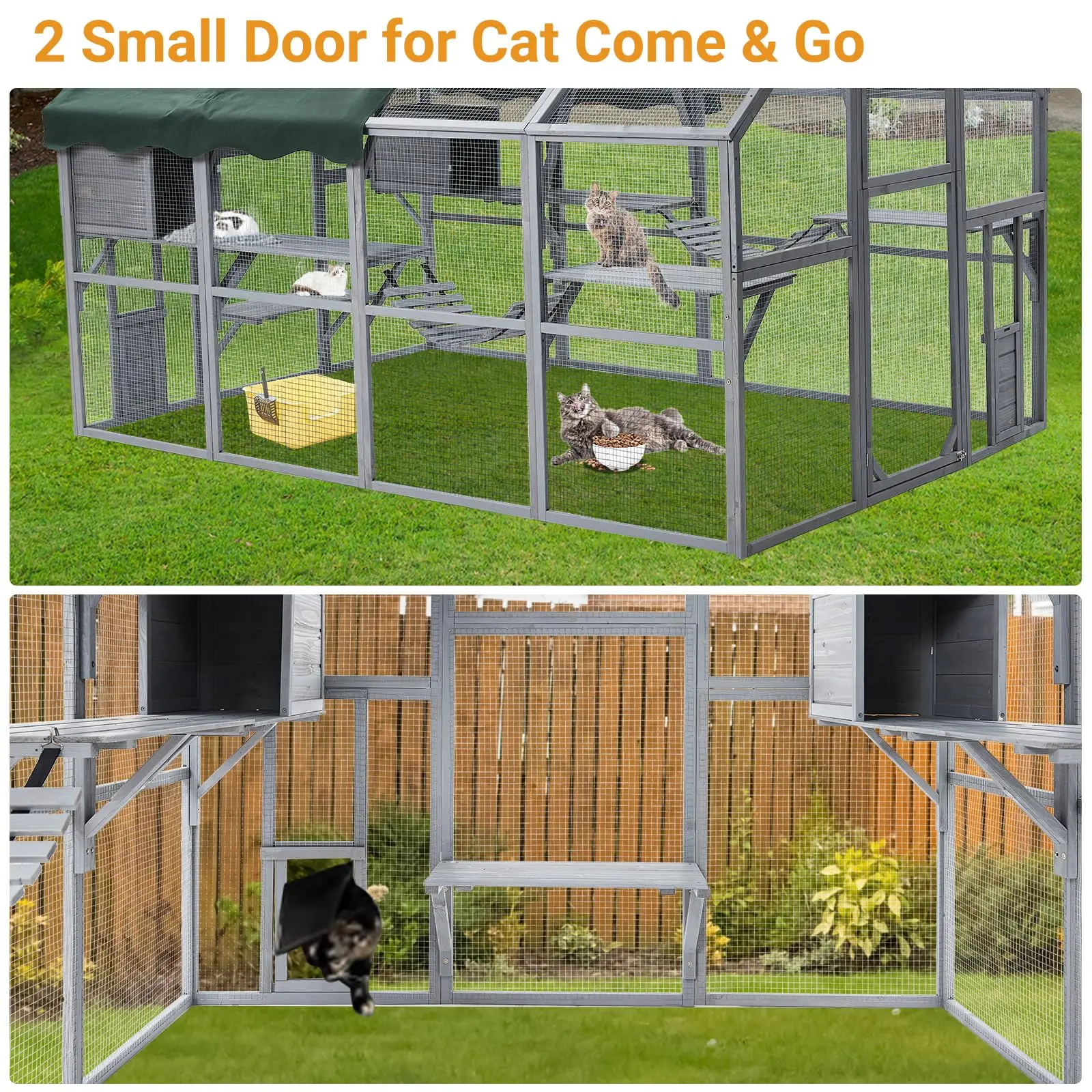Large Cat Run Large Cat Enclosure Wooden Catio Indoor/Outdoor Kitty House with Bridges Walks Small Houses Roof Cover 110Inch
