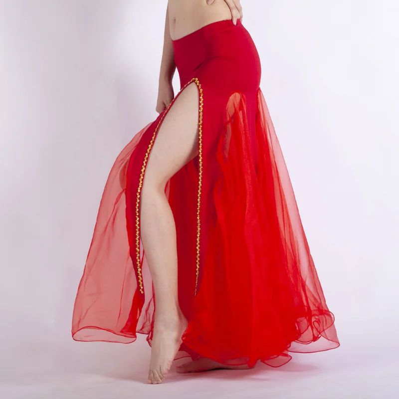

Colorful Belly Dance Skirts Oriental Double High Slits Bellydance Costume Gauze Skirt For Women Halloween Carnival