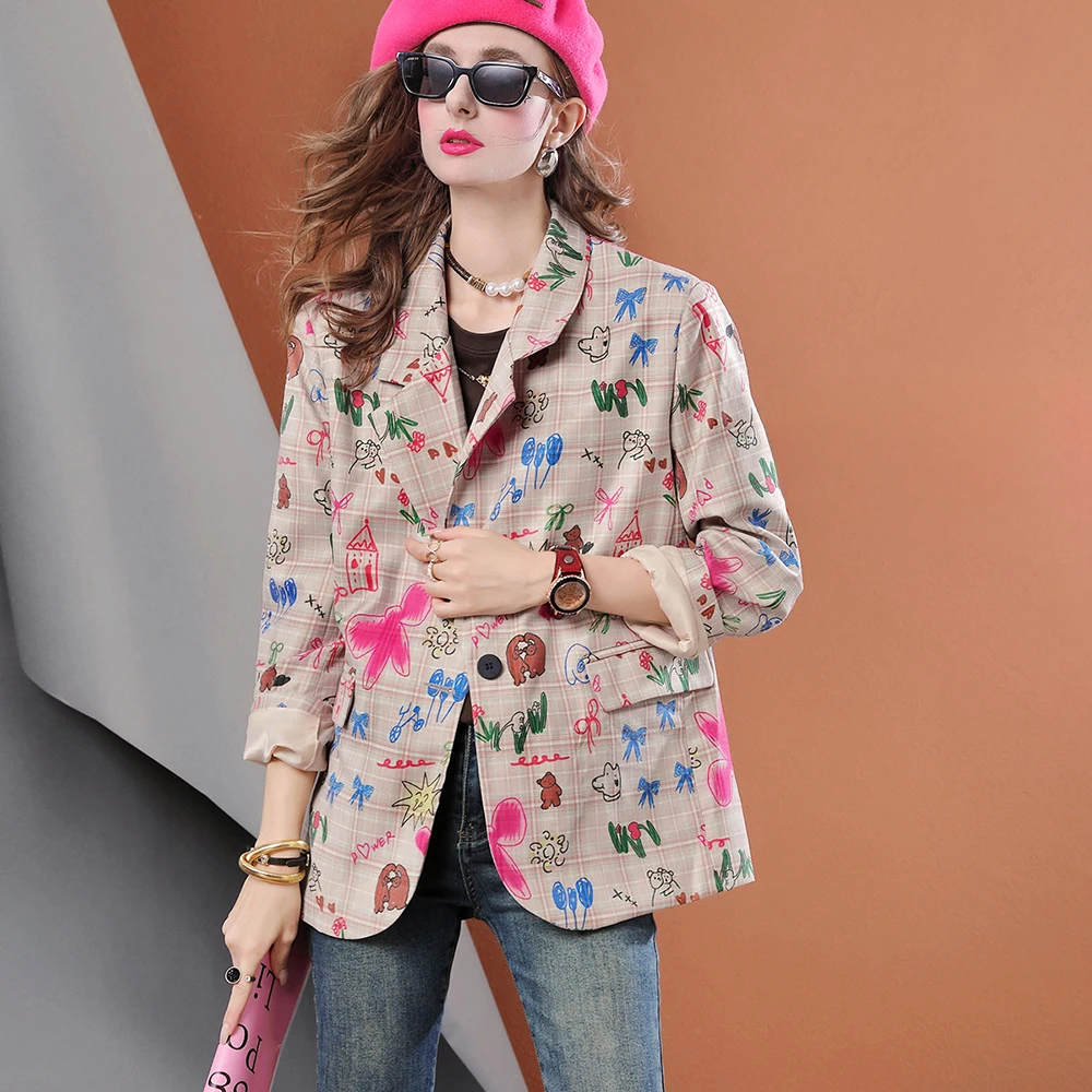 Autumn mid-length hand-painted graffiti print casual women's plaid suit jacket 4
