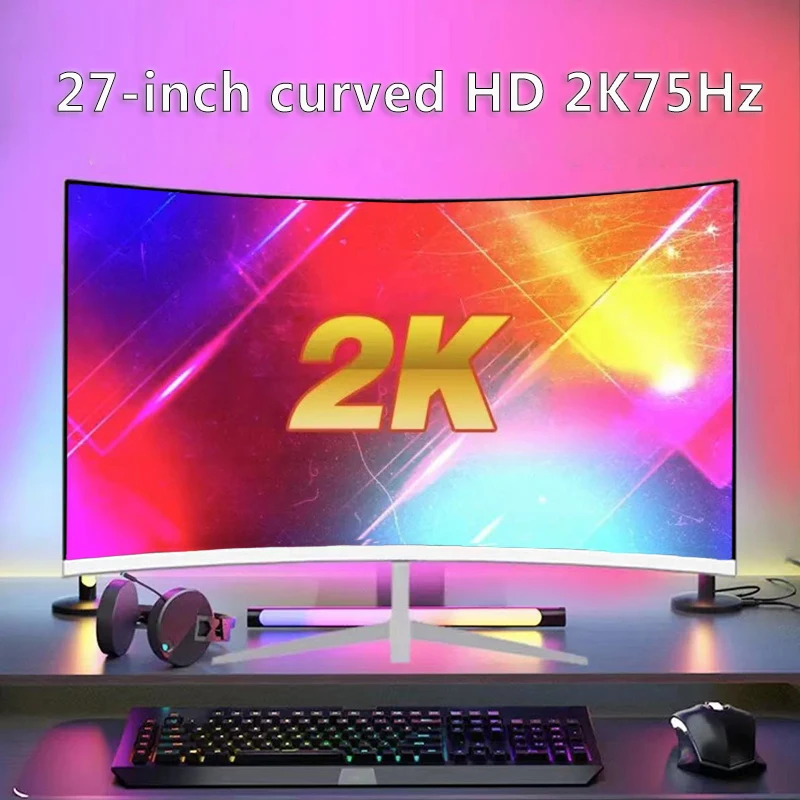 

Игровой изогнутый IPS дисплей высокого разрешения 2K75Hz, 27 дюймов, совместимый с VGA/HDMI, подходит для подключения устройств и планшетов