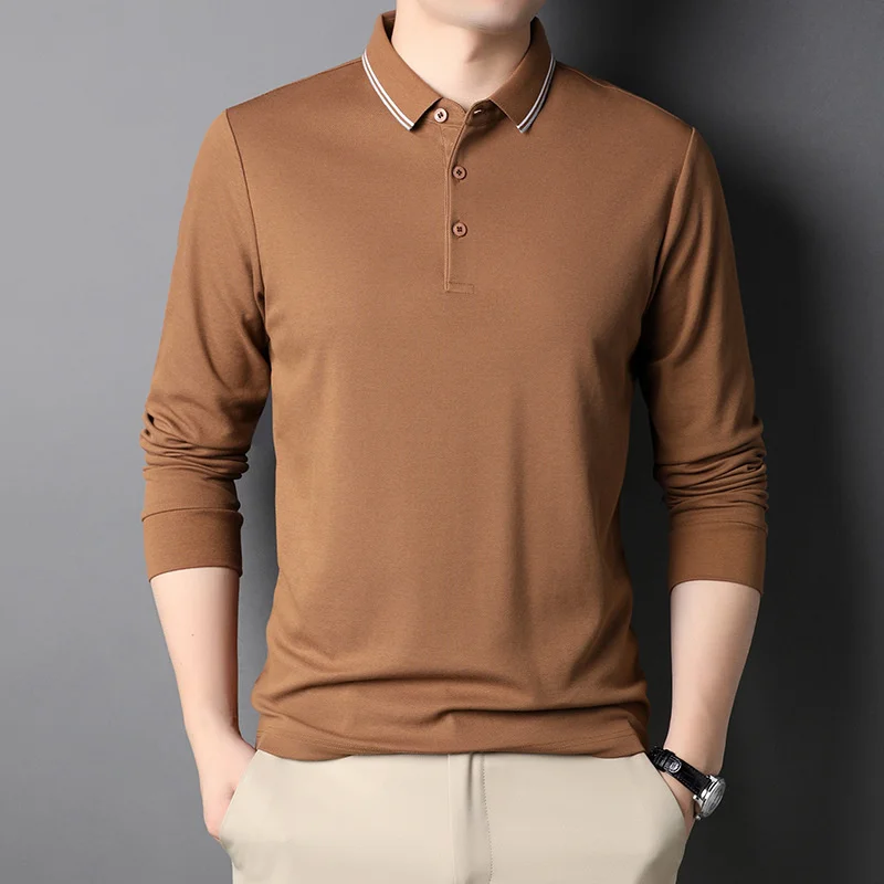 

100% Cotton Men's Long Sleeve Polo Shirt Brown Business T-shirt Breathable Lightweight Solid Brand Poloshirt Men High Quality XL