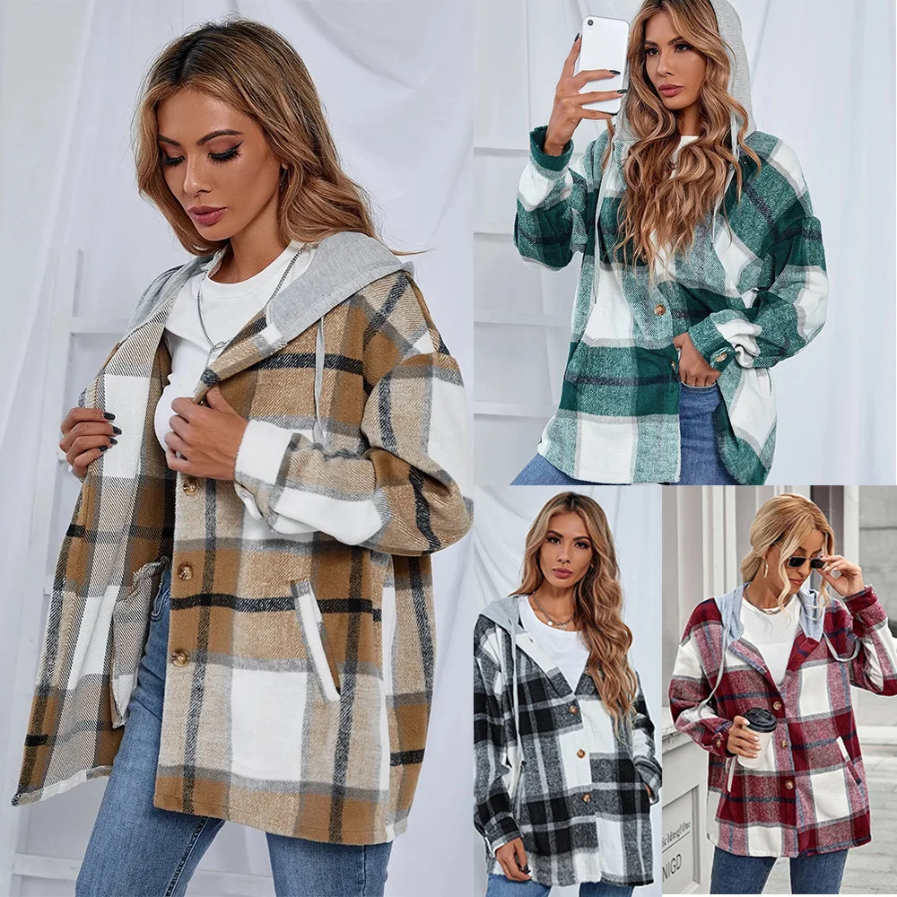 2022 Vintage Plaid Jacket Womens Wool Blend Coats Hoodies Streetwear