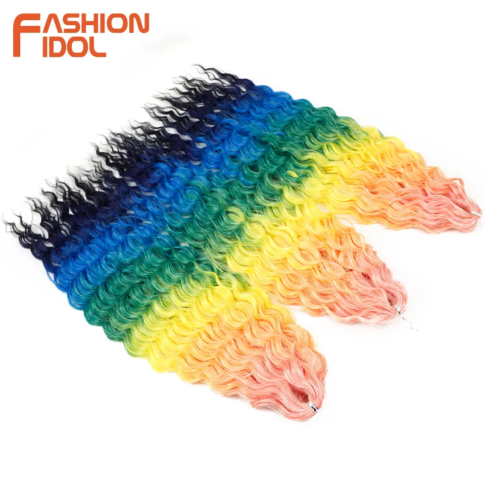 FASHION IDOL 24 Inch 300g Crochet Hair Synthetic Water Wave Braiding Hair Extensions Ombre Rainbow Fake Hair Deep Wave Curl Hair 3