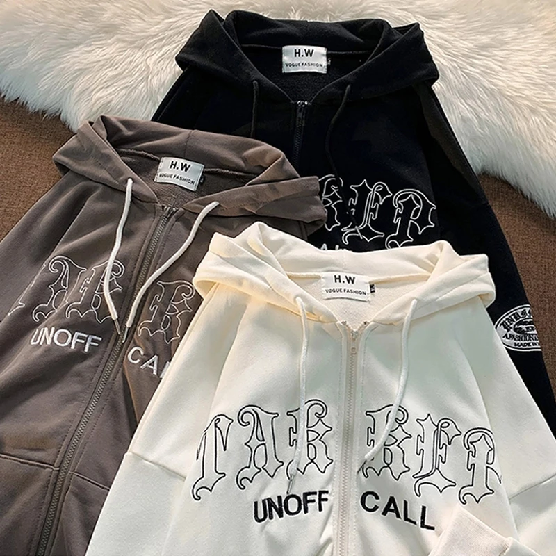 

autumn Letter embroidery Y2k Hoodies Harajuku Couple Oversized Sweatshirts goth Long Sleeve UNISEX Hooded Sweatshirt Zipper Coat