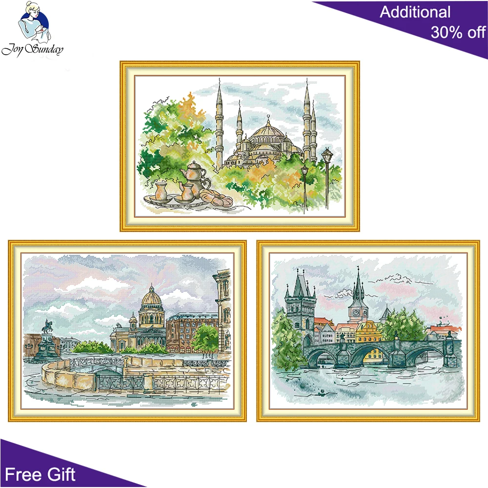 Joy Sunday cross stitch of Saint Petersburg Charles Bridge Blue Mosque Of Istanbul FA433 FA434 FA436