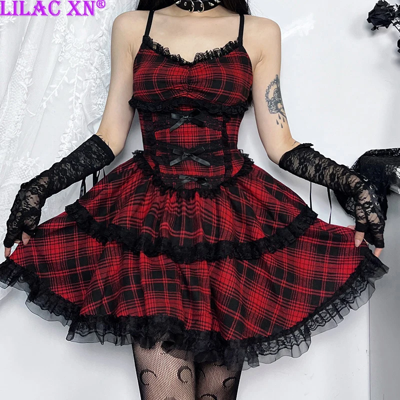 

Y2K Vintage Red Plaid Lace Trim Strap Party Dresses Sexy Goth V-Neck Backless A-Line Bodycon Mini Dress Women Summer Fashion