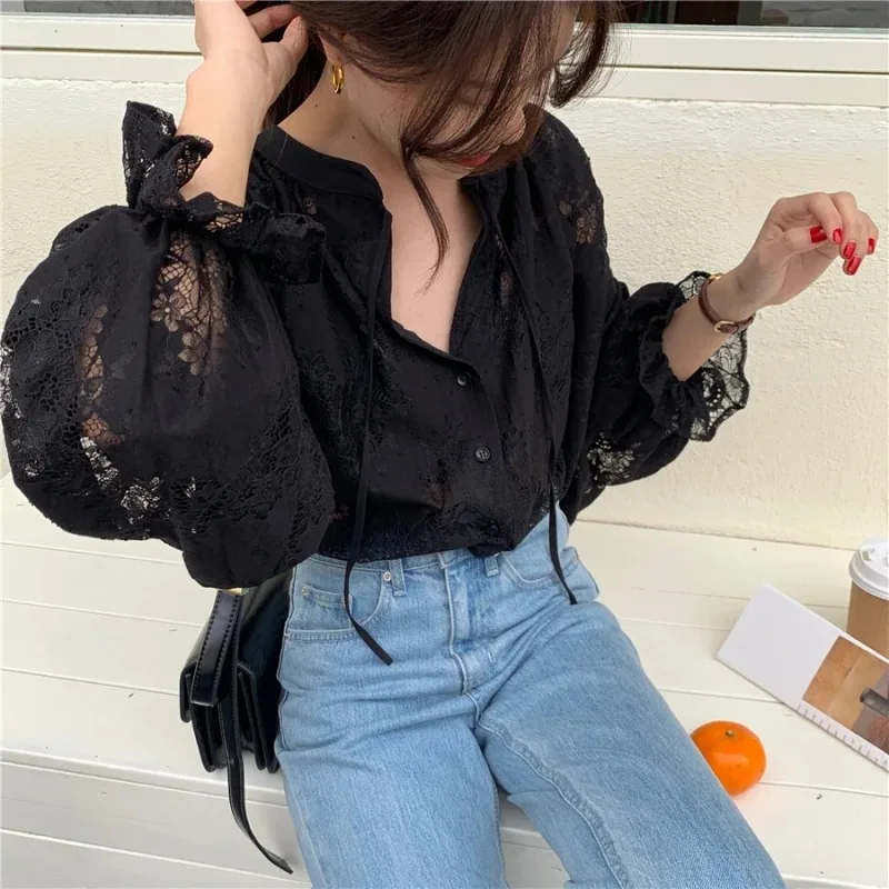 Vintage Summer and Autumn Women's New Lace-Up Shirt Lantern Sleeve Solid Color Casual Top Fashion Women's Clothing 10202