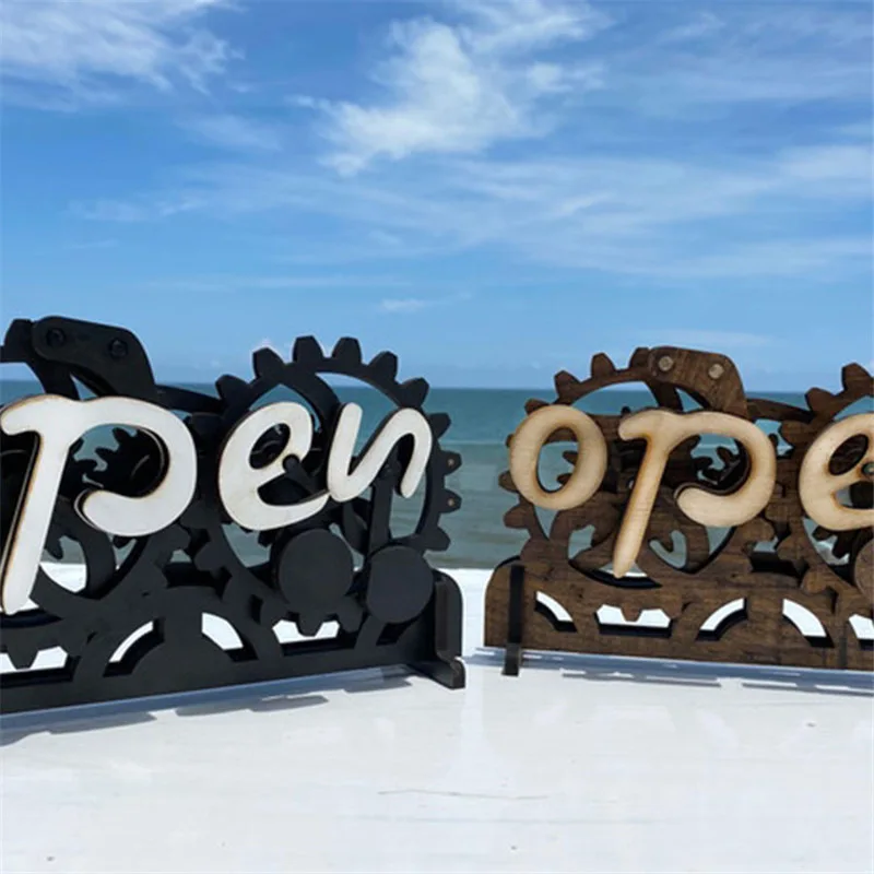 

Open-Closed Gear Brakes Fun Typography Wall Hanging Ornament Haguruma Creative Sign Wooden Crafts for Hotel Coffee Shop Decor
