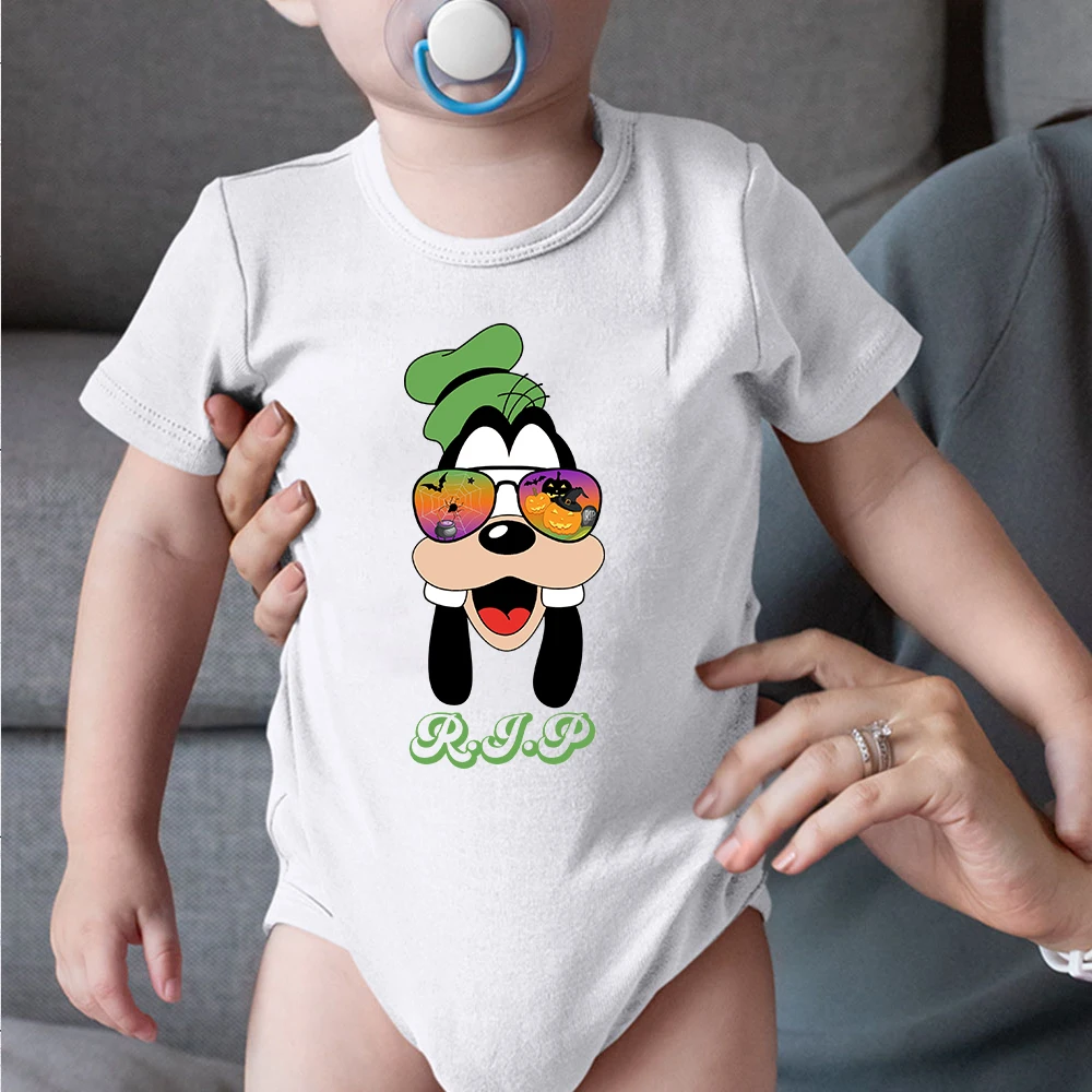 

Newborn Baby Clothing Supplies Disney Branded Goofy Dog Wearing Glasses Graphic Print White Bodysuit Unisex Workwear Crew Neck
