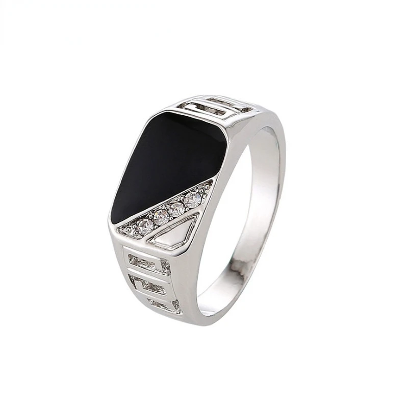 Classic Size 7-12 Good Quality Men Rhineston Jewelry Gold/Silver-Color Black Enamel Male Finger Titanium Stainless Ring