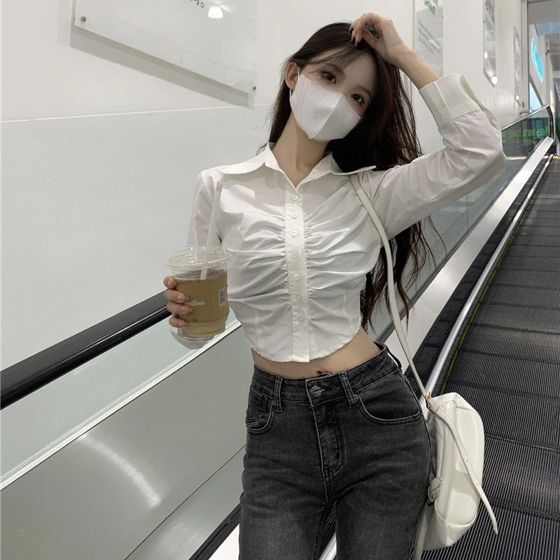 

Korean Fashion Pleated Shirt Spring and Summer New Sexy Crop Tops Women Short Button Cardigan White Blouse Women Clothing