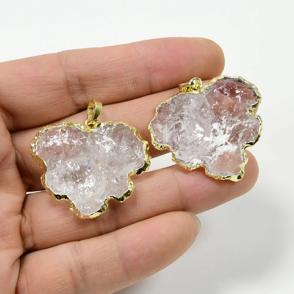 

2Pcs Natural Clear Quartz Crystal Gold Plated Leafage Shape Pendant For Women Necklace Making Jewelry DIY