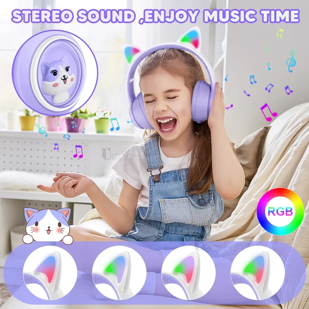 Gradient Cat Ear Headphones RGB Wireless Headphones Girls Kids Headset with Microphone Stereo Music Bluetooth Headsets Gifts