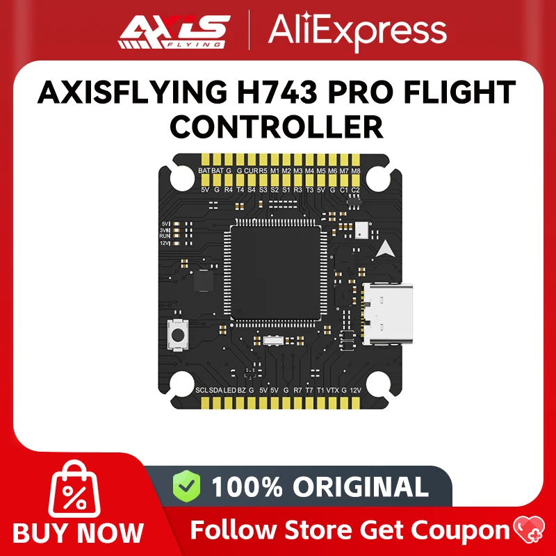 Contrôleur de vol AXISFLYING H743 PRO avec gyroscope ICM-42688 pour drones FPV, montrant ses ports et dissipateur thermique.