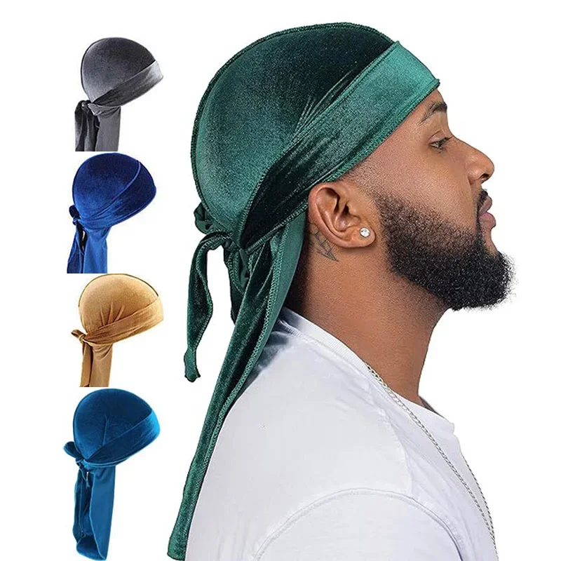 Unisex Velvet Durags Bandana Turban Breathable Long Tail Cap Hip Hop Headband Stylish Men Women Headwear Pirate Hat