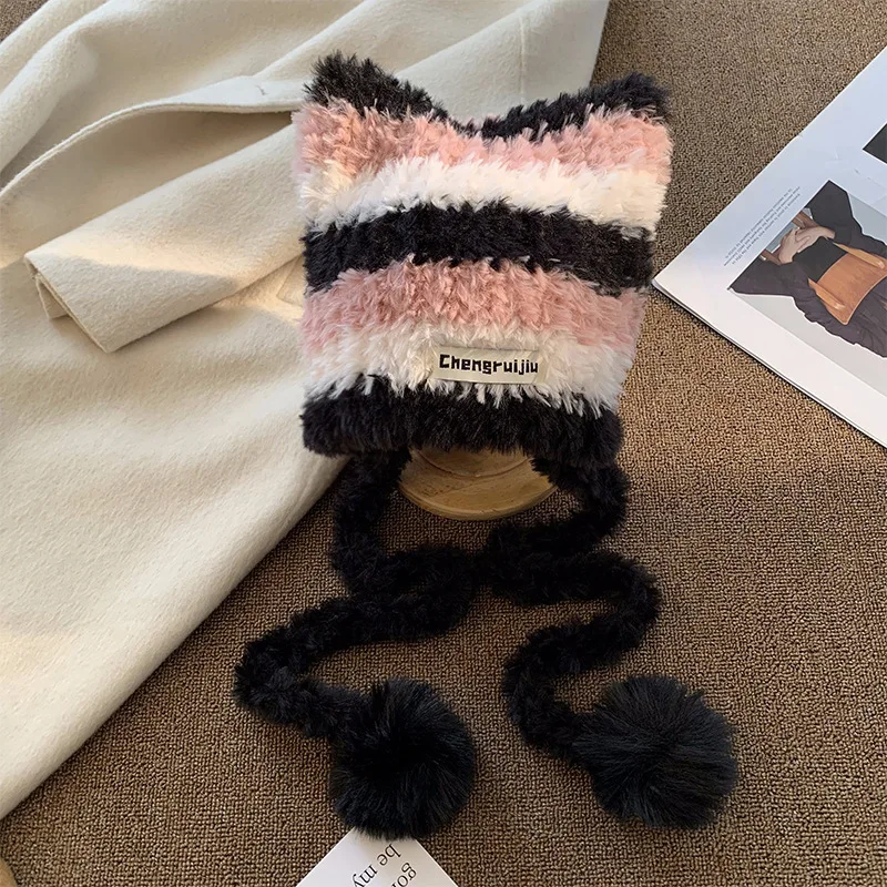 Cat Ear Contrast Stripe Handmade Crochet Plush Beanie Hat Woman Cute Ear Protection Warm Imitation Mink Wool Cap in Winter Hats winter hat,wool hat,knit beanie hat