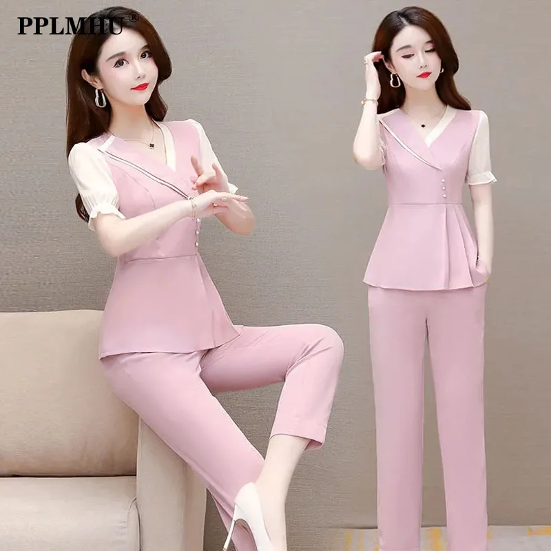 Summer Elegant Fashion 2 Piece Set Women Outfit Casual Short Sleeve Blouse Top + Ankle Length Straight Pant Suits Ensemble Femme summer thin men s set casual stripe turndown collar short sleeve t shirt elastic waist ankle length pants two piece suit