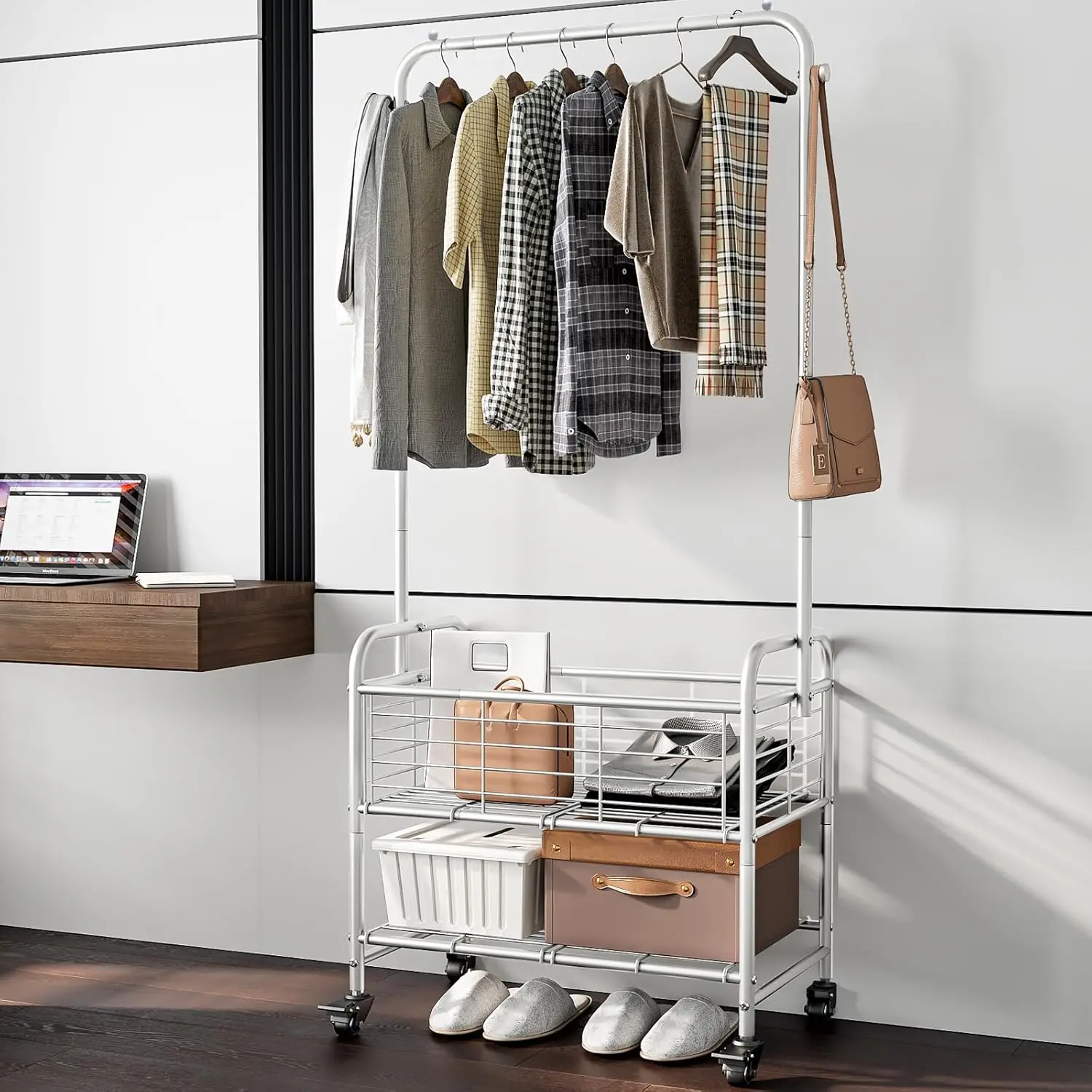 Laundry Basket with Wheels Rolling Laundry Hamper Laundry Sorter Cart Shelf Hanging Rack,Grey 4