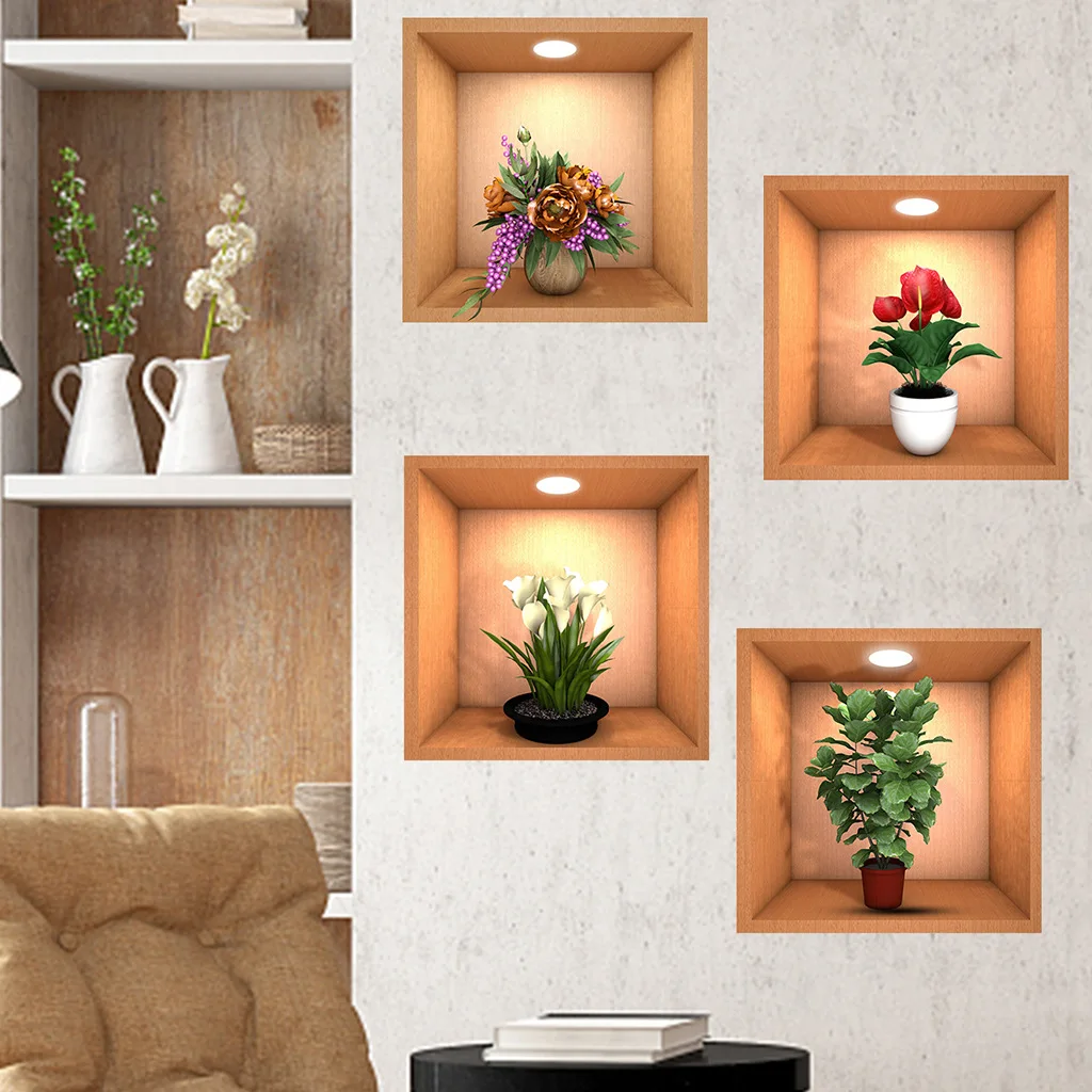 3 Adesivi Murali 3D Vaso Con Tulipani - Decorazione Parete PVC Per Soggiorno, Cucina, Camera Da Letto - 30x60cm