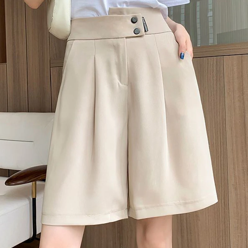 Summer New Korean High Waisted Thin Suit Shorts Women's Solid Zipper Button Pockets Loose Casual Fashion Simple Wide Leg Shorts