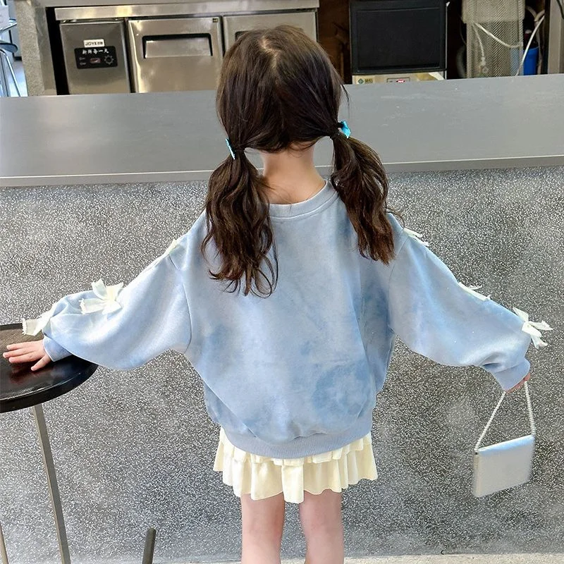 Girls Sweet Sweatshirt Spring Bow Tops Autumn New Fashion Cute Pullover Children Long Sleeve Casual Clothes 3-14 Years Old