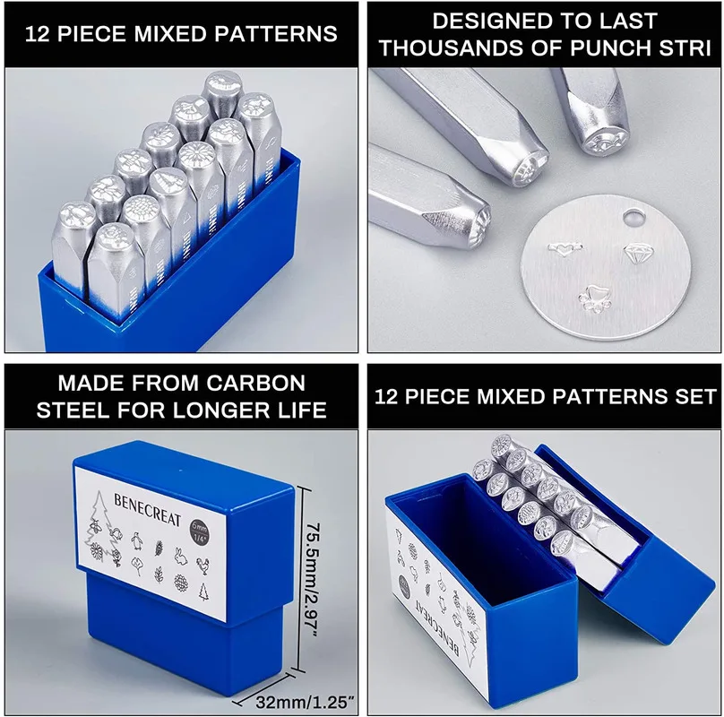12 Pack 6mm Design  Stamps Metal Punch Stamp Mixed Shapes Stamping Tool Case Electroplated Hard Carbon Steel Tools pattern: 6mm