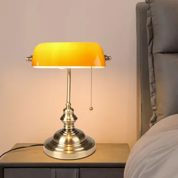 Bankers Desk Lamp with Pull Chain Switch, Amber Glass Shade Desk Lamps, Bronze Base,Vintage Library Lamp 3