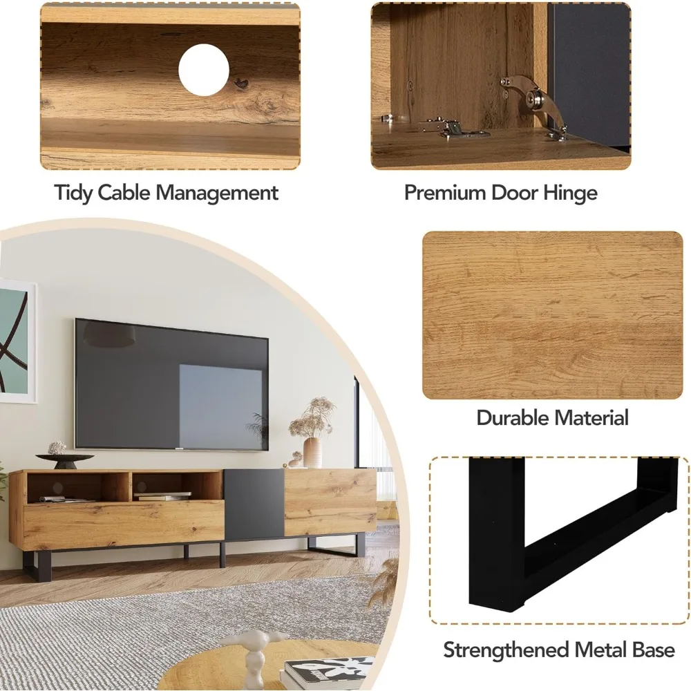 Modern TV Stand with 3 Cabinets & Open Shelves, Minimalist Wooden Entertainment Center for TVs Up To 80”, Sturdy TV Console 2