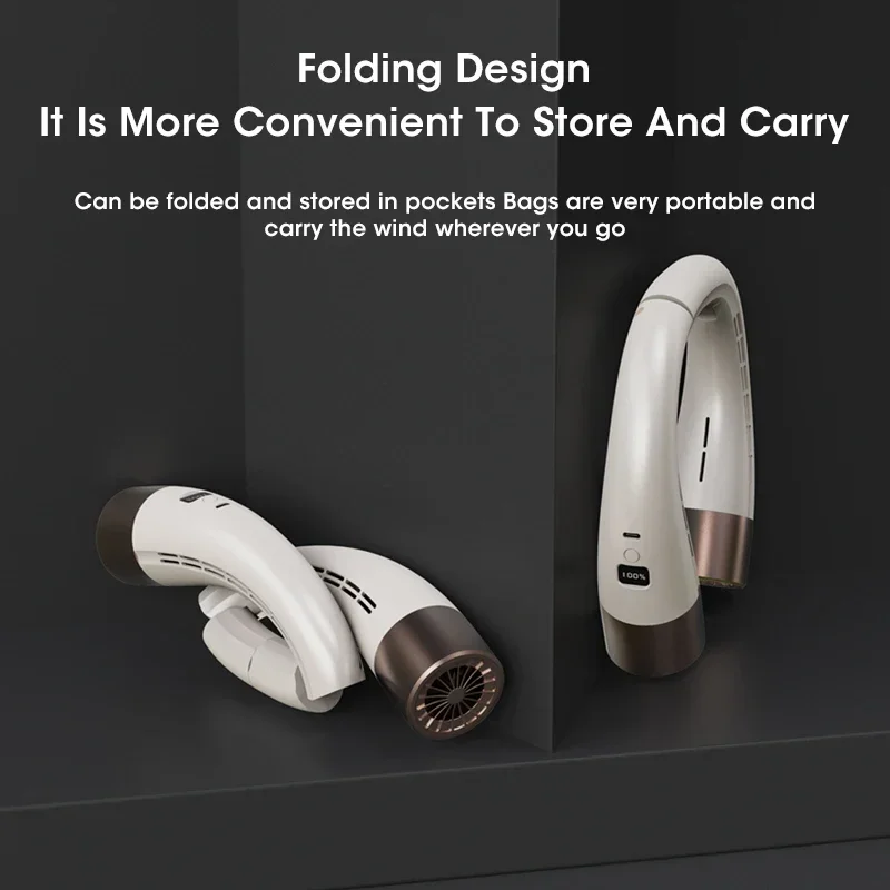 Portable Hands Free USB Rechargeable Neck Fan 5-Speed Mini Foldable Digital Display for Outdoor Travel Office