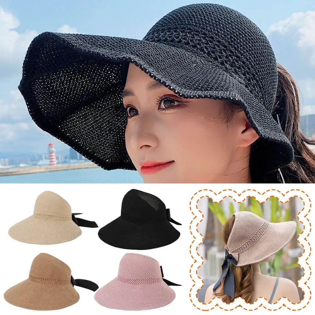

Fashion Straw Hat For Women Korean Bow Empty Hats Foldable Uv Wide Brim Female Beach Visor Caps B4h4