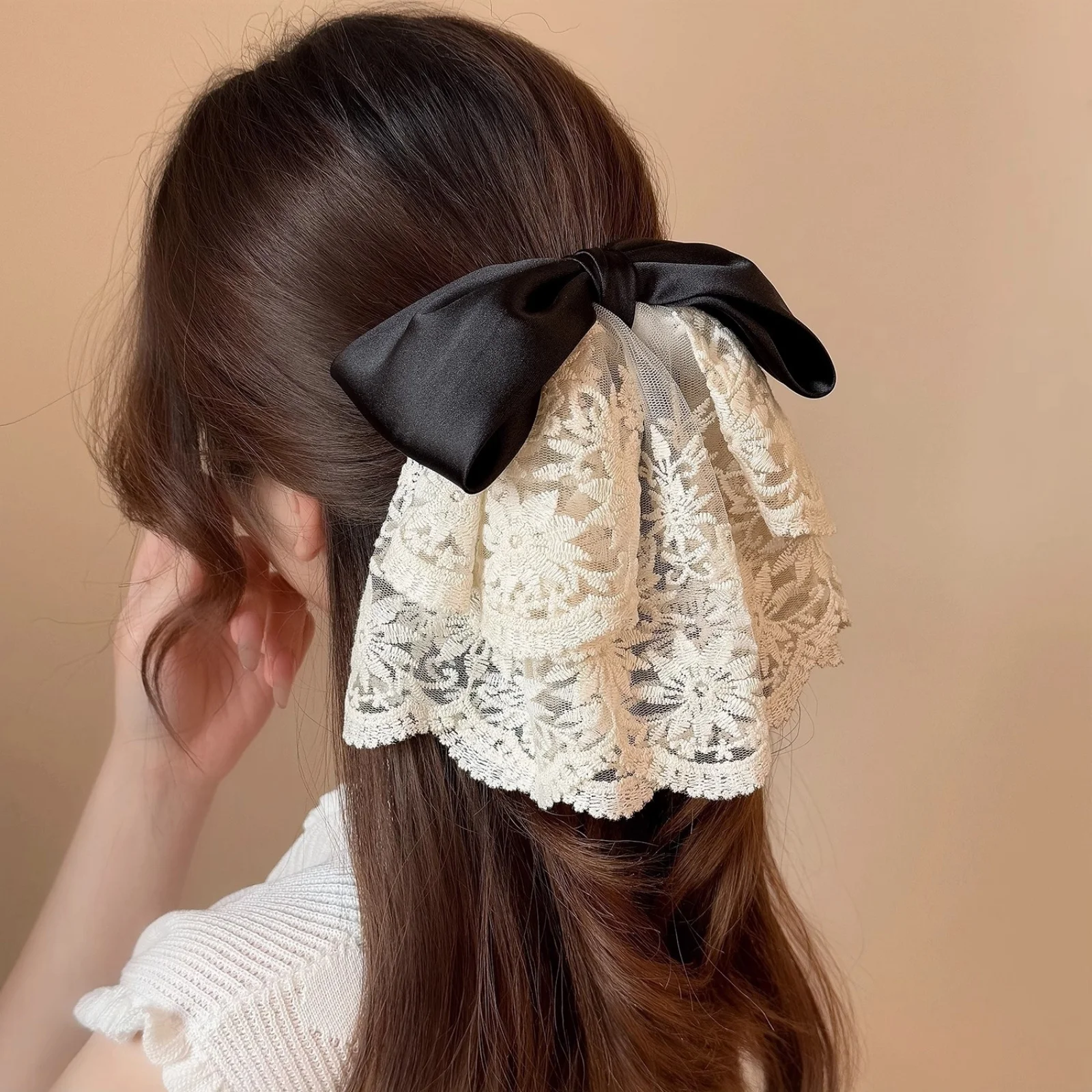 1PC Lace Satin Bow Hair Clip, Elegant White Hair Accessory, Feminine Lace Bow Hair Decor, Stylish Daily Hair Ornament