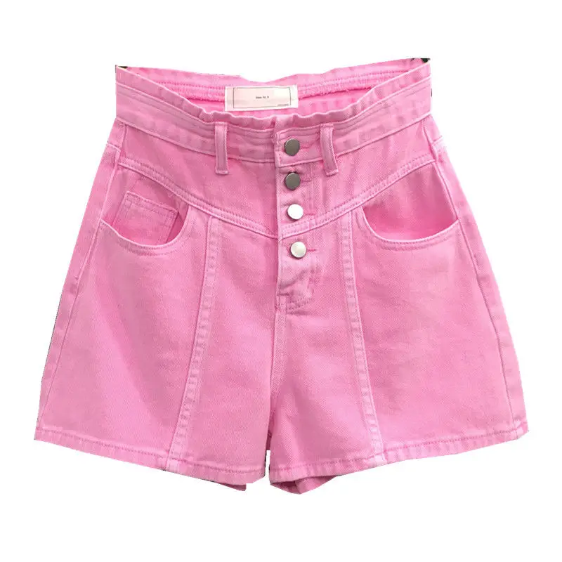 

Women Pink Denim Shorts Fashion Ladies Buttons High-waisted All-match A-line Jean Pants Casual Pocket Bottoms