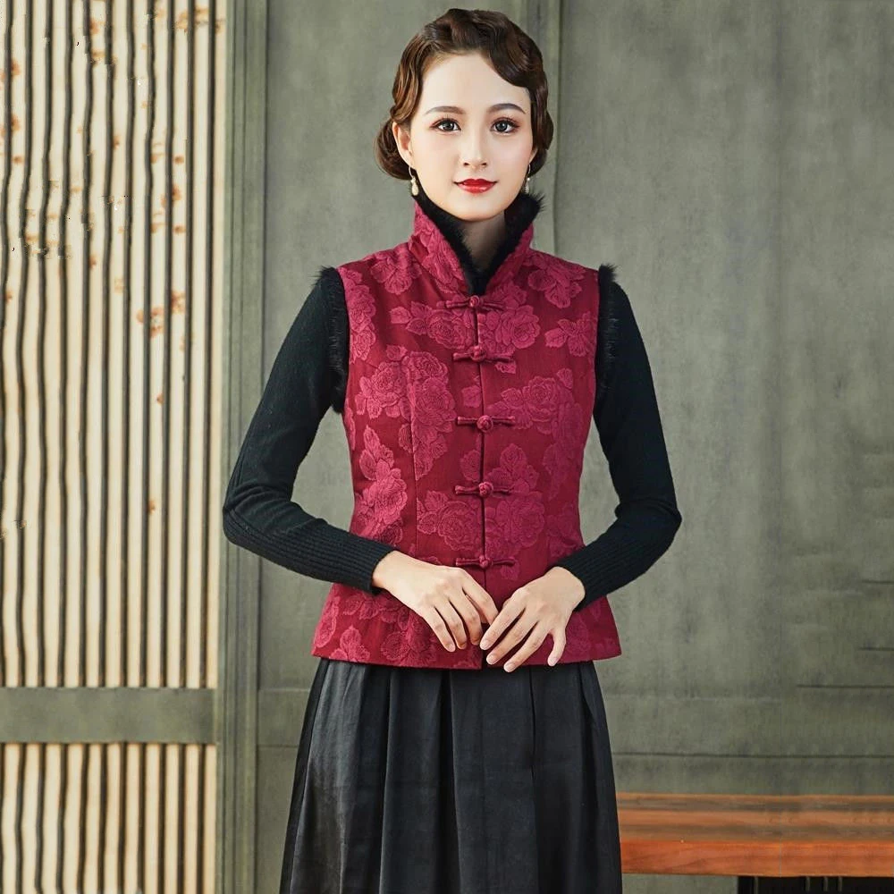 

Women Fashion Chinese Style Cheongsam Vest Retro Print Qipao Tops Lady Elegant Waistcoats Hanfu Tang Suit Coat Oriental Clothing