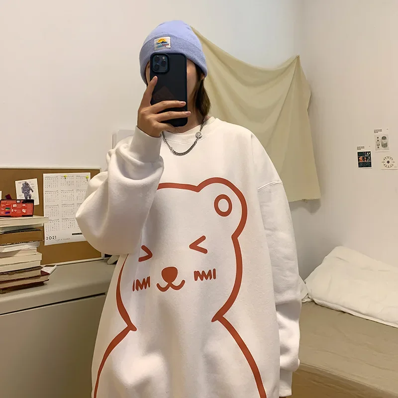 Loose O-Neck Warm Tops Couple Fashion Cartoon Bear Clothing Sweatshirts Harajuku Design Personalized Pullovers New Autumn Winter