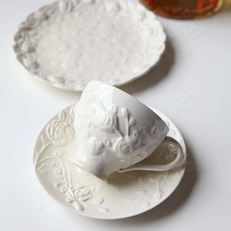 Relief Rose Cream Ceramic Coffee Cup and Plate Set Nordic Style Dinner