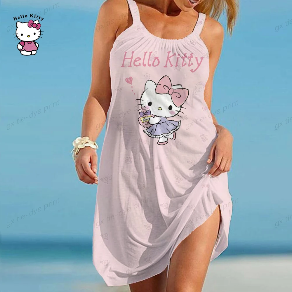 

Spaghetti Strap Hello Kitty Print Slip Dress Summer Casual Cartoon Printed Maxi Dresses Backless Boho Long Sundress 2023