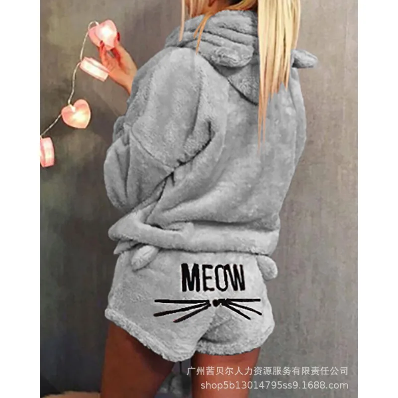 

Wepbel Autumn Cat Embroidered Pajamas Hooded Casual Suit Two-Piece Set Outfits Solid Color Hoodies Pullovers Casual Shorts