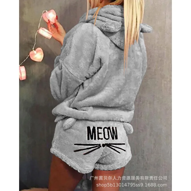 

Осенняя Пижама Wepbel с вышивкой кошки, повседневный костюм с капюшоном, комплект из двух предметов, однотонные толстовки, пуловеры, повседневные шорты