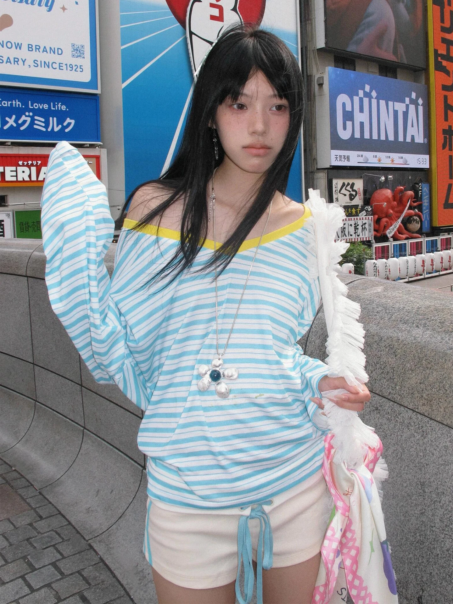 Tonngirls Japanese Y2k Blue Striped T-shirt Women V-neck Long Sleeve T Shirt Vintage Off Shoulder Loose Tee Tops 2000s Korean 2