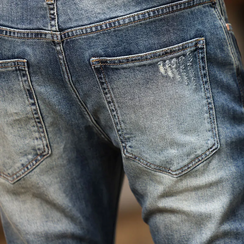 Street Fashion Men jeans High Quality Retro Blue Stretch Slim Fit Ripped Jeans Men Patched Designer Vintage Denim Pants Hombre