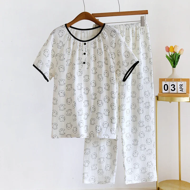2023 Japanese New Spring/Summer Women's Pajama Set Cotton Crepe Short Sleeve+Pants Two Piece Cute Cartoon Home Furnishings