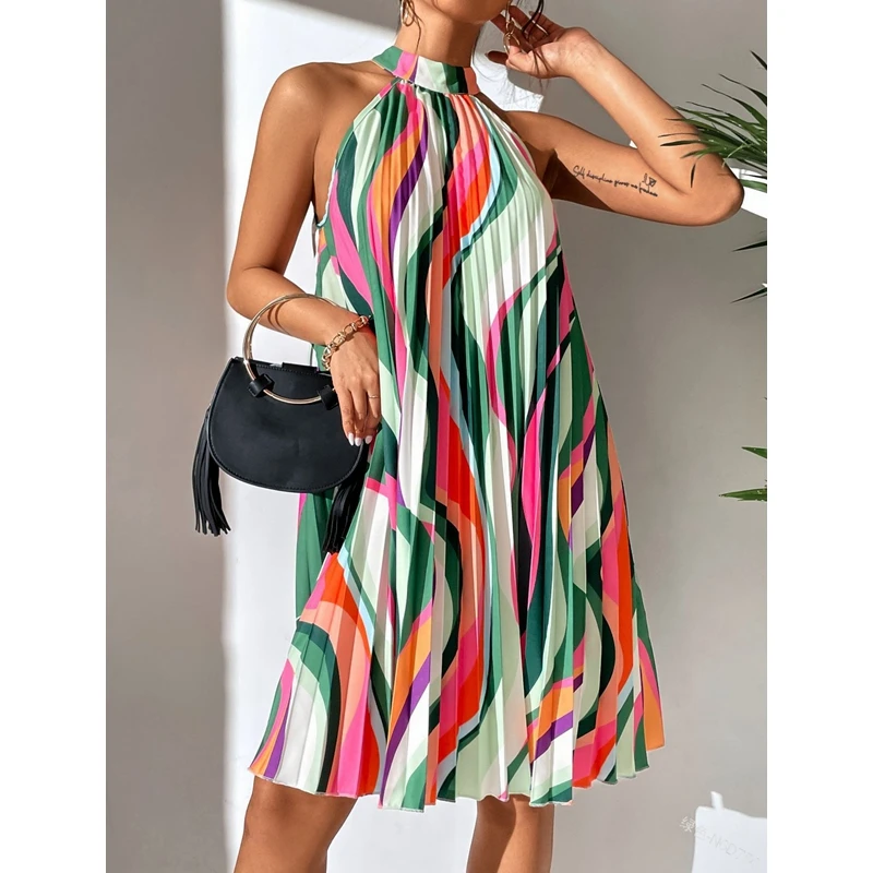 

Fashion Casual Pullover Irregular Rainbow Midi Dress Sexy Sleeveless 2023 New Ladies Sexy Strapless Halterneck Dress