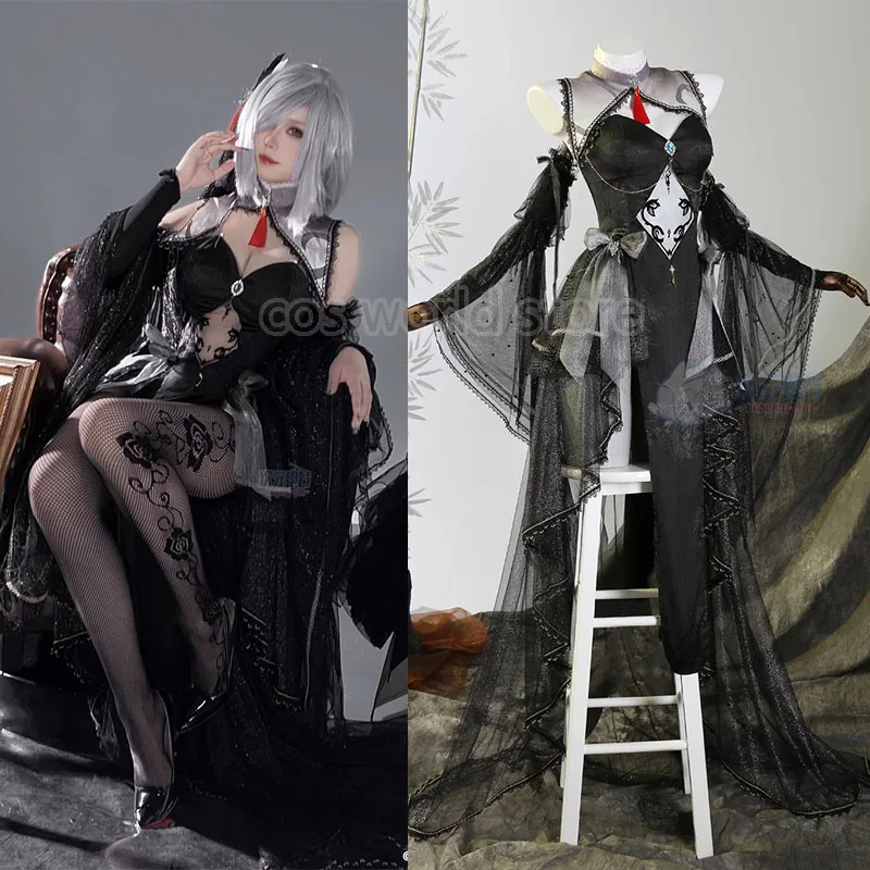 

Game Genshin Impact Shenhe Cosplay Costume Wig Women Sexy Black Wedding Dress Uniform Suit Halloween Carnival Role Play Clothing